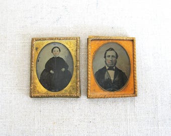Antique Tinted Ambrotype, Glass Male and Female Portrait Photos, Early Photography Metal Frame Casing