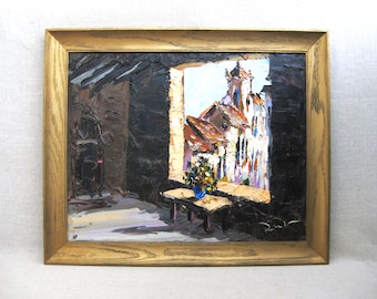 Surreal Landscape Oil Painting, Original Vintage Framed Architectural Mid-Century Wall Art