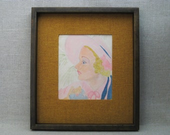 Naïve Vintage Female Portrait Folk Art Watercolor Painting Framed Original Fine Art Primitive Wall Décor