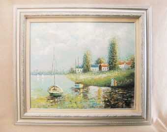 Vintage Waterfront Landscape Painting with Sailboats and Architecture Framed Original Fine Art