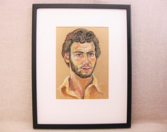 Original Handsome Bearded Male Portrait Drawing, Mid-Century Framed Wall Art Home Décor