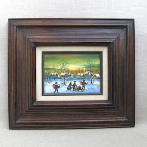 Winter Folk Art Landscape Painting Original Oil Signed Kowalski, Vintage Fine Art Rustic Cabin Décor