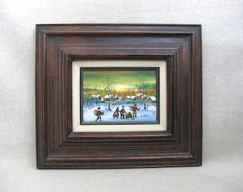 Winter Folk Art Landscape Painting Original Oil Signed Kowalski, Vintage Fine Art Rustic Cabin Décor