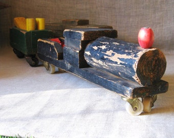 Primitive Folk Art Wooden Toy Train 2 Car and Engine, Vintage Transportation Locomotive Rustic Holiday Home Décor