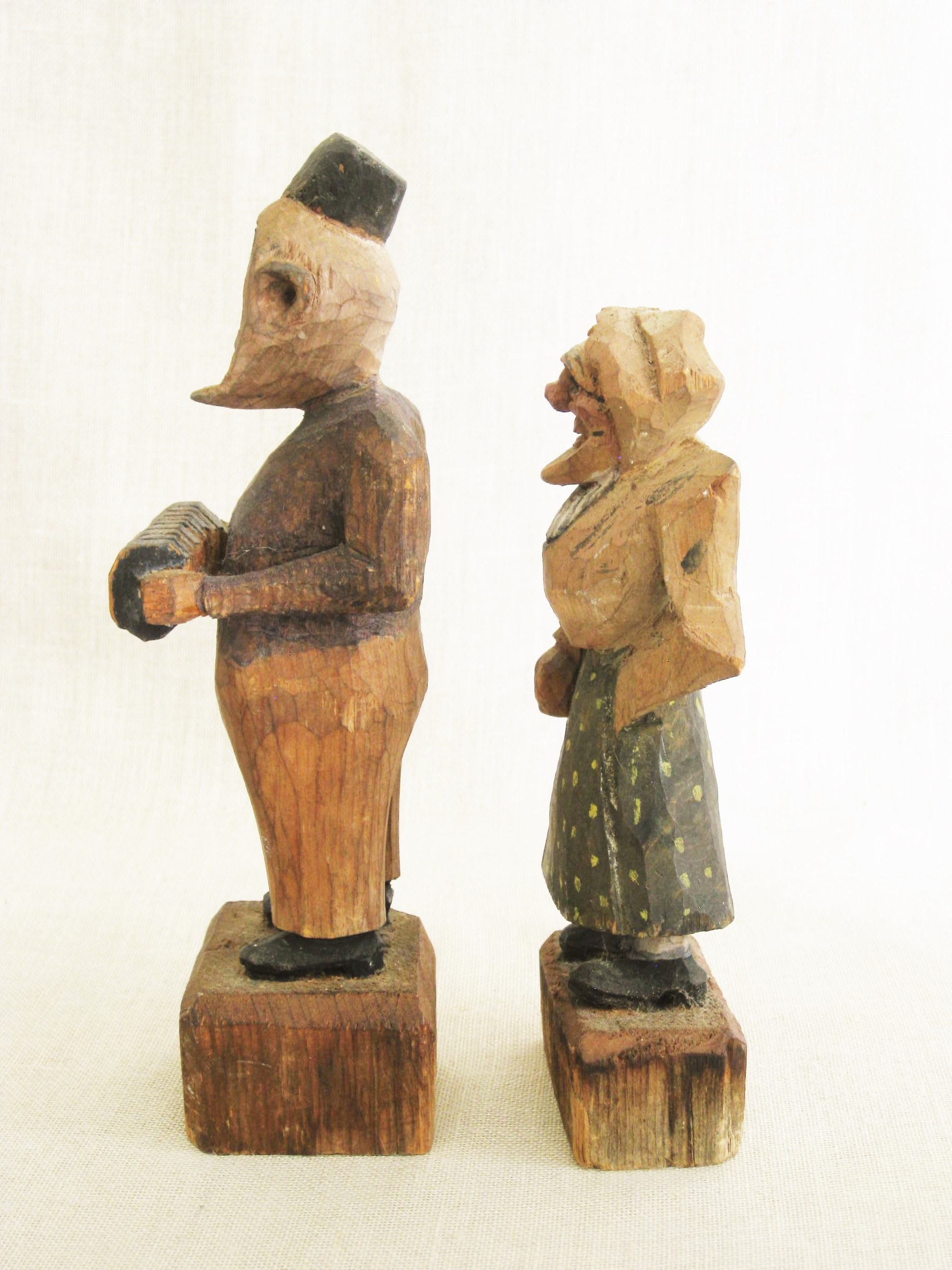 Vintage Folk Art Wooden Figures, Carving, Sculpture, Couple, Figural