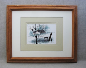 Winter Barn Landscape Watercolor Painting, Original Framed Wall Art Signed Bilyeau