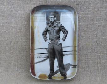 Vintage Glass Photo Paperweight with Military Male Portrait, Man Cave Office Décor