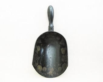 Antique Black Toleware Large Scoop, Hand Painted Gold Kitchen Home Décor Gift