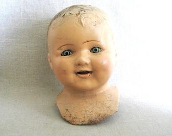 Vintage Composite Doll Head Large w Shoulder Yoke, Blue Eyes Female, Parts and Supplies