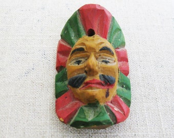 Miniature Mask Folk Art Wood Carving, Vintage Painted Tribal Style Rustic Cabin Home Décor
