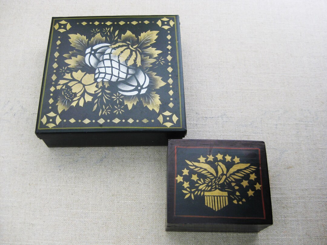 Black Toleware Boxes, Painted Folk Art Metal Desk Storage, Dresser ...