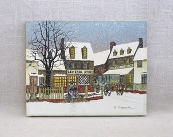 Snowy Winter Landscape Serigraph Painting, Vintage Hargrove Framed Wall Art Farm Cabin Home Décor