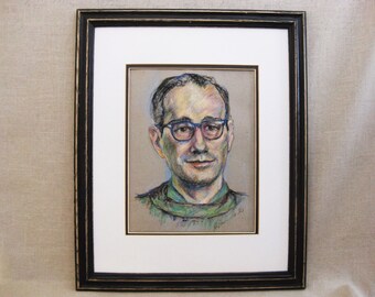 Mid-Century Male Portrait Drawing, Framed Original Wall Art, Men in Glasses Housewarming Gift