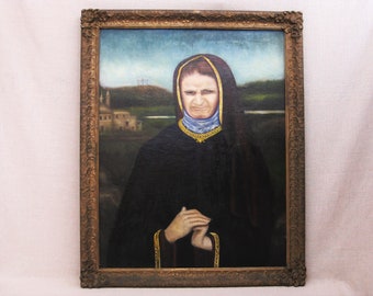 Religious Vintage Female Portrait Folk Art Outsider Art by Rev. Joel D. Hewlett, African American Framed Original Fine Art