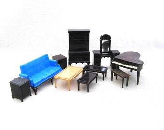 Vintage Dollhouse Furniture, Miniature Ideal Renwal Livingroom Ensemble, Case Goods Chairs and Tables