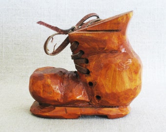 Rustic Wooden Shoe Folk Art Sculpture Carving, Boot Miniature Vintage Primitive Cabin Décor
