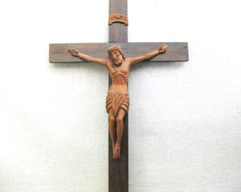 Carved Wooden Crucifix Jesus, Vintage Cross Religious Wall Art Home Altar Décor