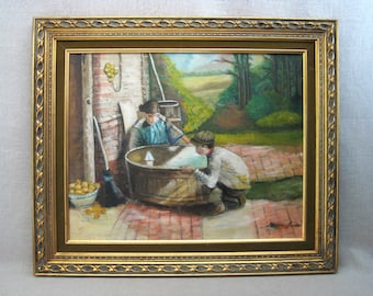 Child Male Portrait Painting Original, Framed Vintage Wall Art, Female Landscape, Framed in Gold Frame