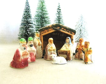 Vintage Nativity Miniatures Ceramic for Mantle and Holiday Religious Christmas, Japan