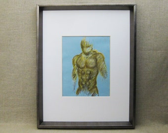 Contemporary Male Portrait Drawing, Framed Original Vintage Wall Art Masculine Gifts for Him