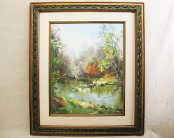 Vintage Landscape Painting, Framed Original Fine Art, Helen Hallett Brook, Large Wall Decor