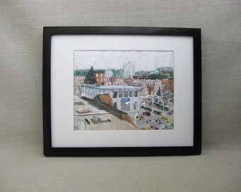 Vintage City Landscape Watercolor Painting Original, Framed Urban Architectural Wall Art