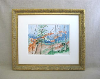 Colorful Landscape Original Watercolor Painting, Framed,Fall Woodland Nature Wall Art Beverly Key Wedding Gift