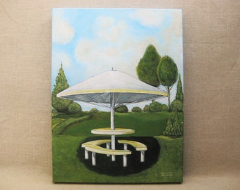 Contemporary Original Garden Landscape Painting with Umbrella and Table Original Fine Art