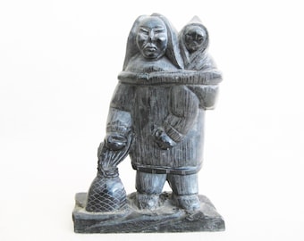 Vintage Inuit Stone Female Portrait Sculpture Indigenous Carving Mother and Child