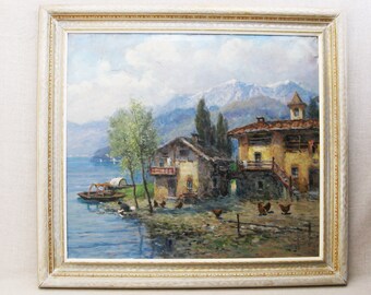 European Mountain Landscape Oil Painting, Original Framed Large Vintage Wall Art Traditional Décor
