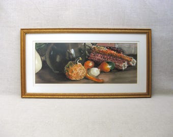 Vintage Watercolor Fall Still Life Painting, Framed Original Gourds Harvest Art