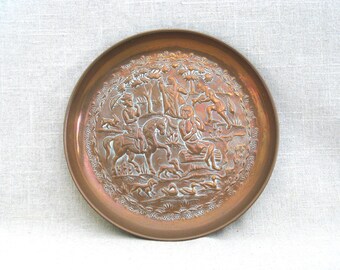 Vintage Copper Serving Tray, 8 inch Middle Eastern Repousse Worked Metal, Mid-Century Décor