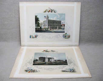 Vintage Hand Colored Architectural Prints US History Unframed Wall Art