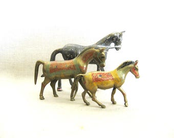 Collection Horse Statues, Metal Animal Sculpture, Vintage Hand Painted Equestrian Home Décor