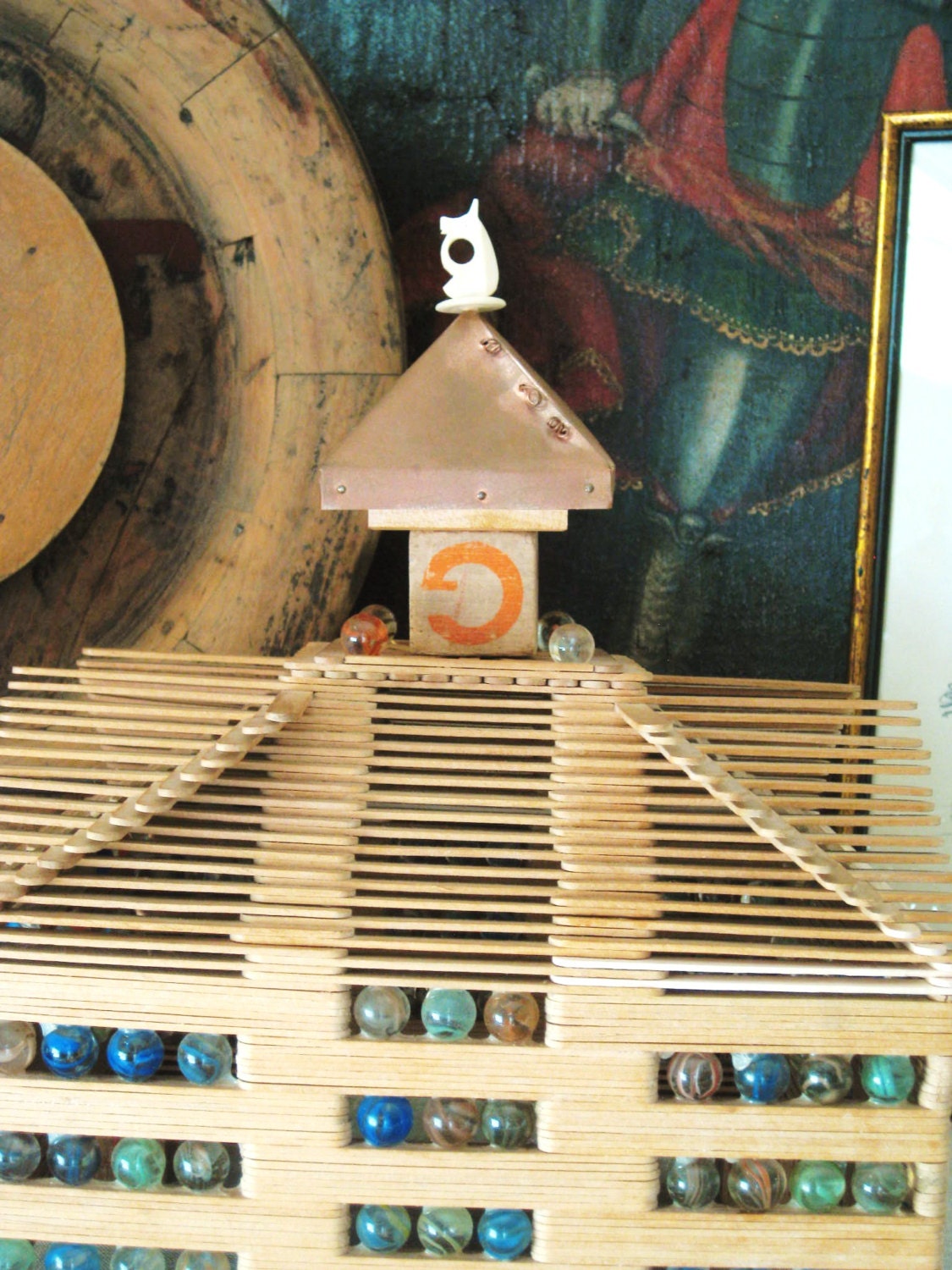 Vintage Folk Art Popsicle Stick Building, Architectural, Handmade