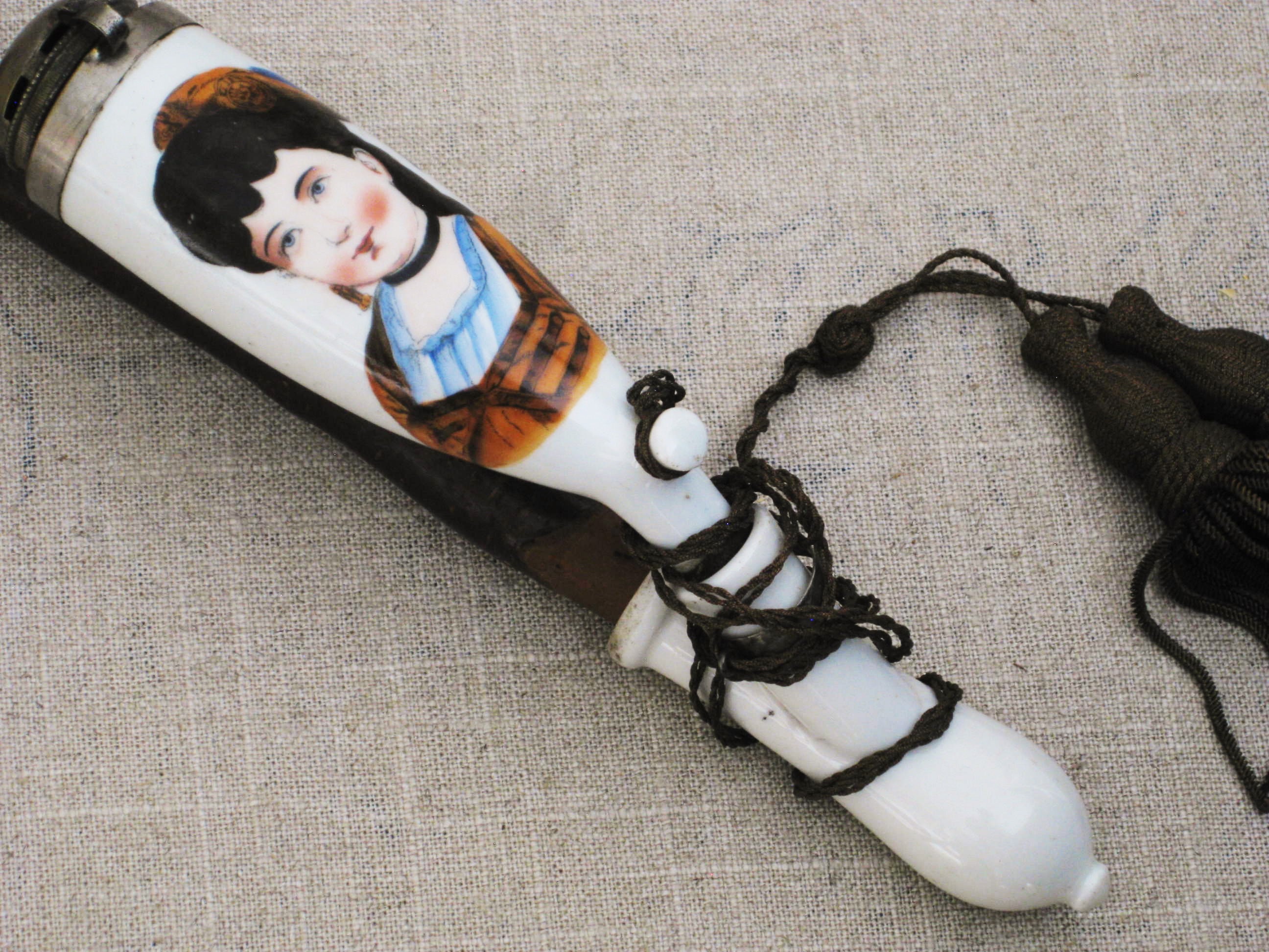 Vintage European Smoking Pipe with Porcelain Bowl and Lid, Female