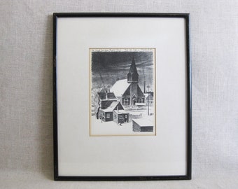 Mid-Century Church Landscape, Fine Art Print Framed Wall Art, Vintage Snowy Winter Home Décor