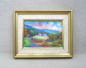 Tropical Haitian Landscape Painting Jaseide, Original Colorful Framed Small Wall Art Housewarming Gift