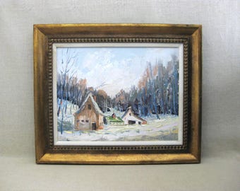 Vintage Rural Winter Landscape Painting, Large Original Mid-Century Wall Art