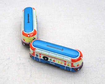 Vintage Tin Wind Up Double Bus Toy, Metal Train Cars Litho Printed Antique Toy Gift Nursery Décor