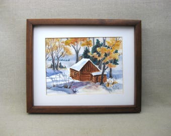 Vintage House Portrait Watercolor Painting Cabin in Woods Landscape, Billie Houtman Clark