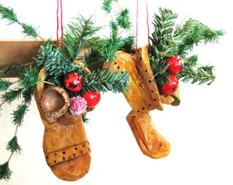 Vintage Tree Ornament Christmas Folk Art Miniature Holiday Wooden Boot Sculpture Primitive Rustic Décor
