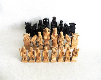 Vintage Asian Chess Set Hand Carved 8 Immortals Theme Game Pieces