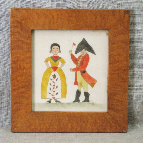 Folk Art Portrait , Painting , Portrait , Couple , Colonial Folk Style , Handmade , Hand Painted , Small Painting , Americana , Vintage Art