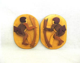 Folk Art Cupid Plaque Set, Vintage Male Portrait Wall Art Wood Carvings, Rustic Cabin Romantic Décor
