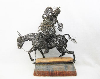 Vintage Wire Horse Sculpture with Male Rider Drinking From Canteen Large Rustic Cabin and Ranch Décor