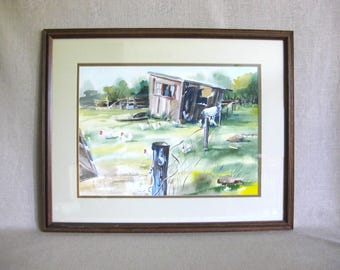 Rustic Farm Landscape Watercolor Painting, Original Roosters Framed Wall Art Rustic Home Décor