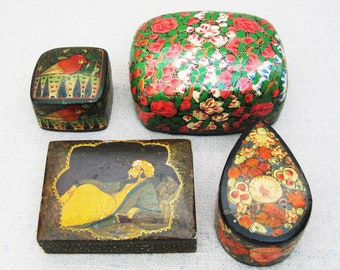 Vintage Box Collection Kashmir Pulp Lacquer Trinket Boxes Office and Vanity Storage and Organzation