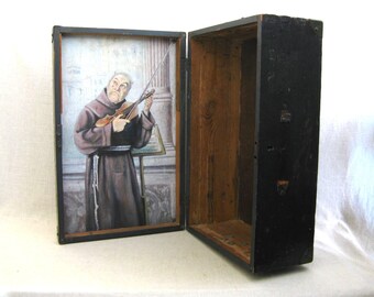 Folk Art Trunk, Original Male Portrait Painting, Large Vintage Wooden Box, Storage Case with Original Fine Art