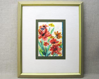 Colorful Red Floral Still Life Painting, Original Watercolor Spring Flowers, Framed Wall Art Housewarming Gift